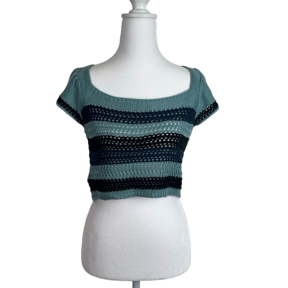 BCBGeneration‎ Crop Top XXS Turquoise Blue Black White Crochet Ruffle Bohemian